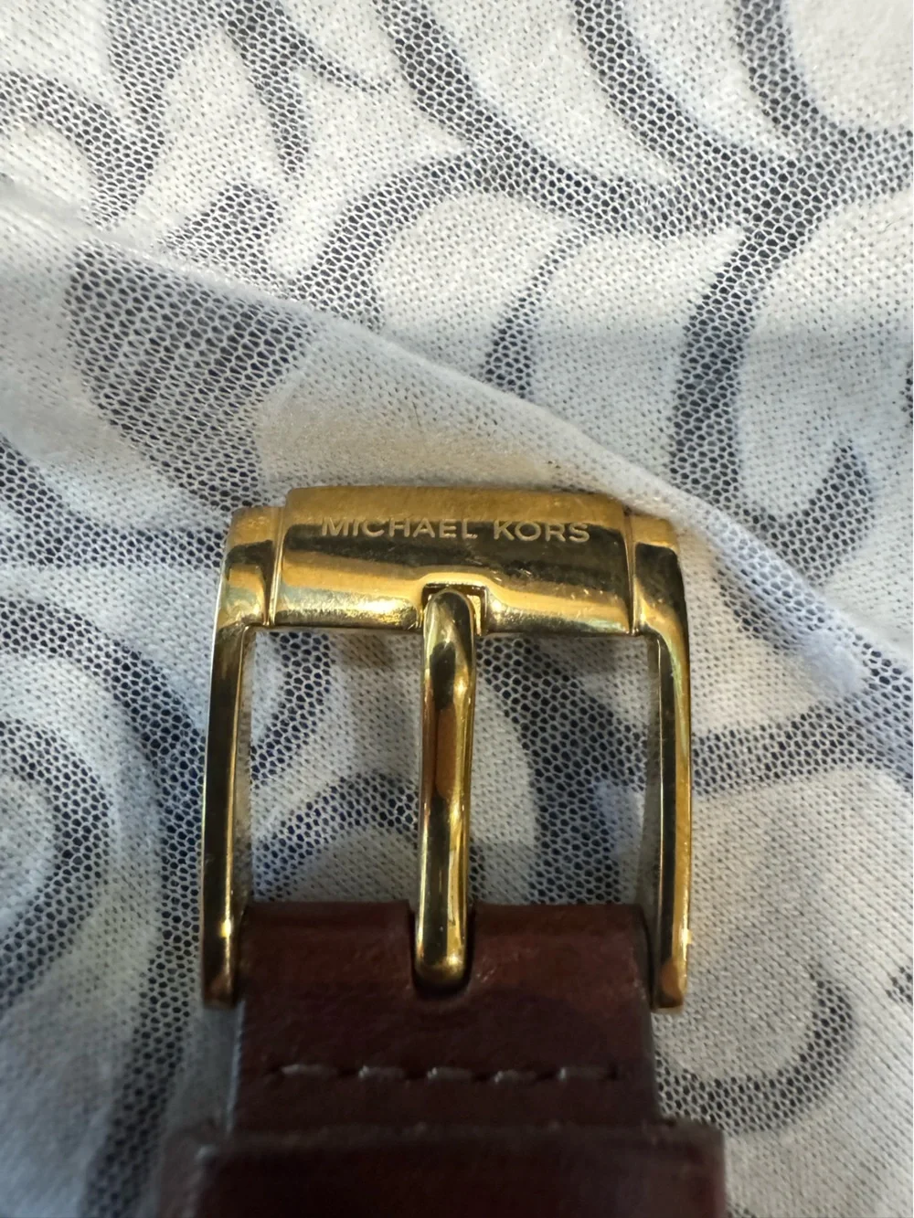 Michael Kors Gold-Tone Crystal Bezel Watch with Brown Leather Strap